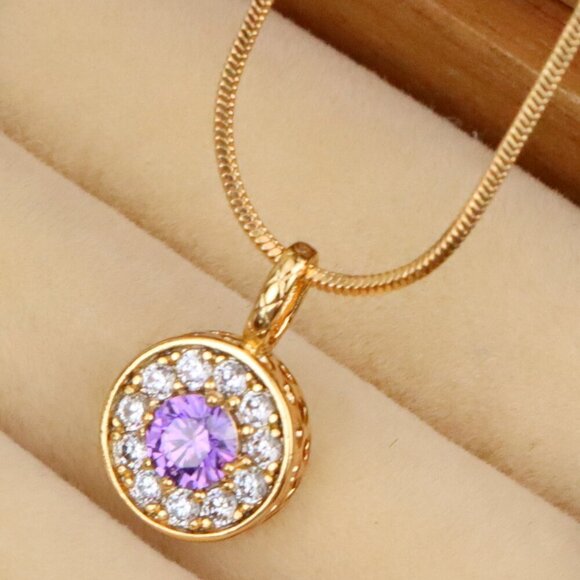 "Round Purple Crystal Pendant in Rose Gold with Halo, XPPT1590 - Picture 1 of 13